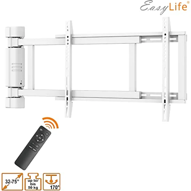 EasyLife TV Wandhalterung bis 170° elektrisch schwenkbar, VESA Wandhalterung bis 600x400 für LCD/OLED/Curved TV, Fernseher, Monitor, Display, Smartboard von 32-75 Zoll & 50kg max, Weiß – Bild 2
