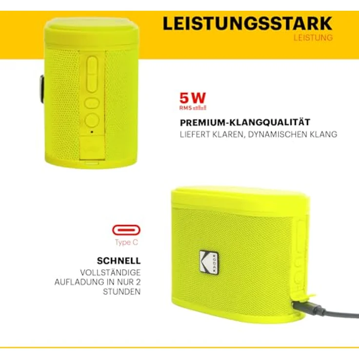 Kodak SOUNDBRIX Tragbarer Bluetooth-Lautsprecher, 5 W RMS, magnetische Dockingstation, verbindet bis zu 100 Lautsprecher, 3 Stunden Akkulaufzeit, gelb – Bild 5