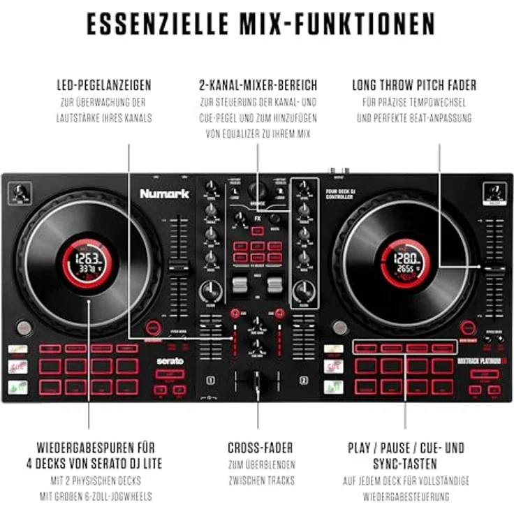 Numark Mixtrack Platinum FX - DJ-Controller für Serato DJ mit 4-Deck Kontrolle, DJ-Mixer, integriertem Audio Interface, Jogwheel-Displays und Effektpaddeln – Bild 4