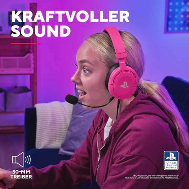 Trust Gaming Headset GXT 498P Forta Offiziell Lizenziert für Playstation 5, PS4 / PS5 Headset, 50mm-Treiber, 3D Audio, Abnehmbares Mikrofon, Verstellbare Over-Ear Kopfhörer, Rosa – Bild 3