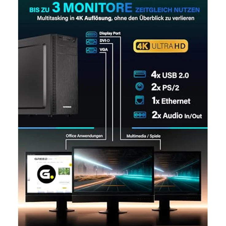 Greed Multimedia 7 - Schneller PC mit Intel Core i7, 16GB RAM, 240GB SSD + 1TB HDD, WLAN, Win11 Pro - Leiser Computer für Büro & Home Office, Silber – Bild 2