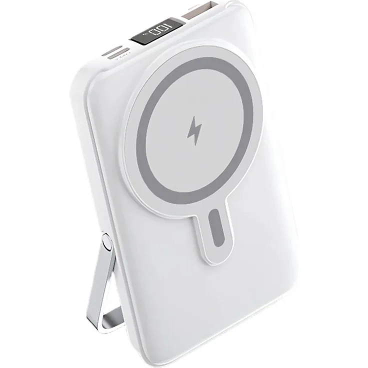 ENGELMANN EngelPro EP-WE 10000mAh Magnetic, Wireless Powerbank mit integrierten Kabeln, Weiß, MagSafe-kompatibel, Standfunktion, LED-Display