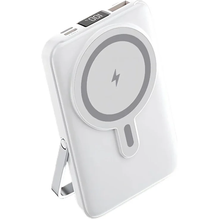 ENGELMANN EngelPro EP-WE 10000mAh Magnetic, Wireless Powerbank mit integrierten Kabeln, Weiß, MagSafe-kompatibel, Standfunktion, LED-Display
