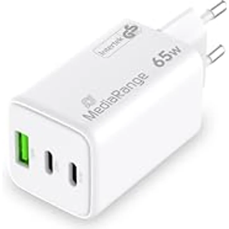 MediaRange 65W GaN Schnellladeadapter (EU-Stecker), 2X USB-C und 1x USB-A, unterstützt USB-C® Power Delivery und Quick Charge™, Weiß – Bild 4
