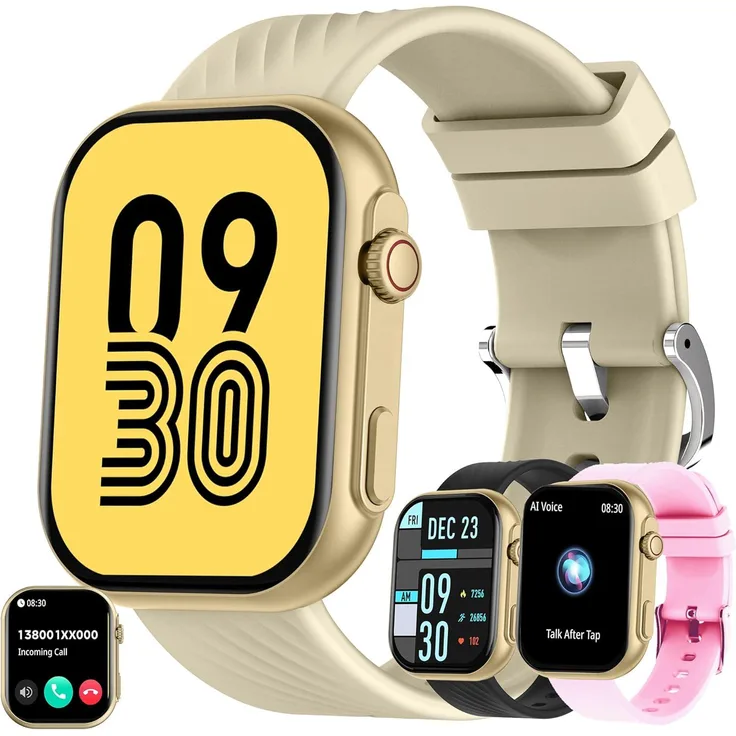 ZPIMY Damen Smartwatch 2.0", Bluetooth mit Telefonfunktion, 5ATM wasserdicht, 123 Sportmodi, Herzfrequenz- und Schlafmonitor, leichtes Design mit Silikon- und Lederarmband