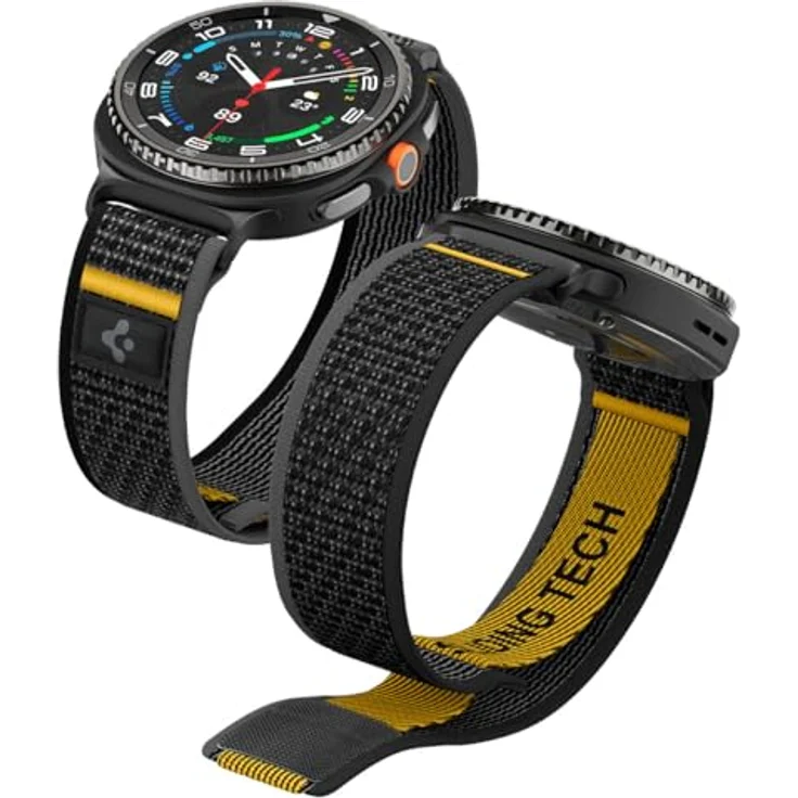 Spigen Athlex Air Armband für Samsung Galaxy Watch 8, 44mm/40mm, 8 Classic 46mm (2025) - Komfortabel, sicherer Klettverschluss, sportliche gelbe Nähte, Actives Schwarz – Bild 1
