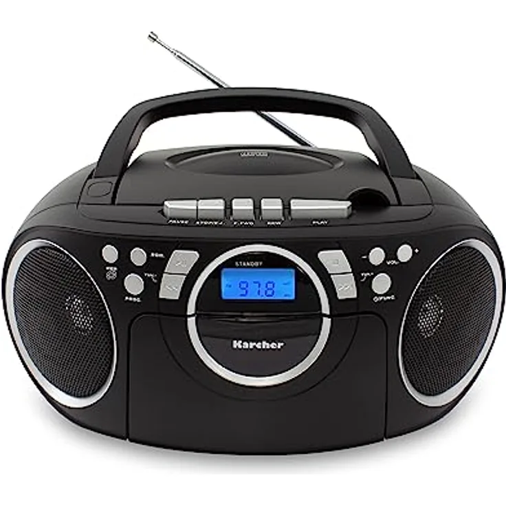 Karcher RR 5042-B tragbares CD Radio/Boombox mit CD-Player und Kassettenspieler (UKW, Batterie-/Netzbetrieb, AUX-In) schwarz