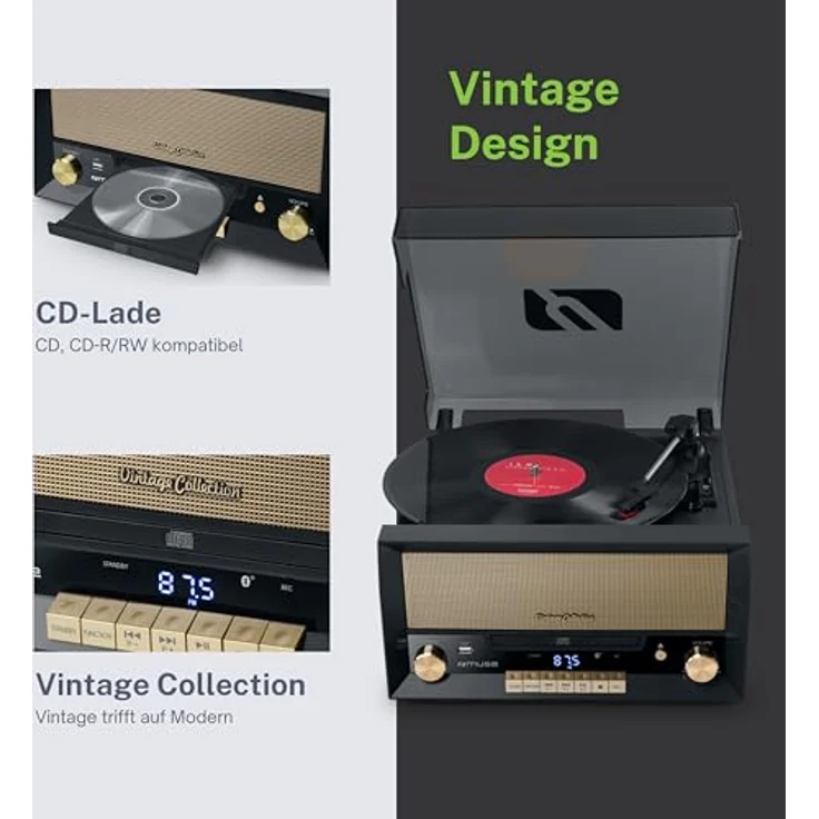 Muse MT-110 B Retro Stereo-Anlage mit Plattenspieler, Bluetooth, CD-Player und Radio mit USB für Wiedergabe und Aufnahme, schwarz – Bild 4