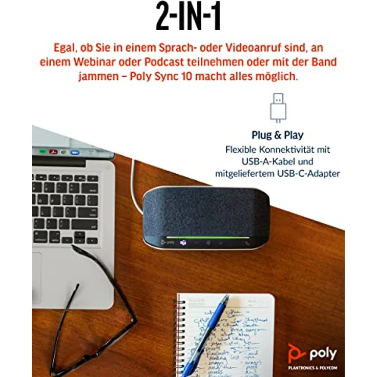 Poly Sync 10 USB-Konferenzlautsprecher – tragbarer 2-in-1-Lautsprecher für Audio-/Videokonferenzschaltungen und Musik – USB-betrieben – Zertifiziert für Teams, Zoom und Google – duales Mikrofon – Bild 5