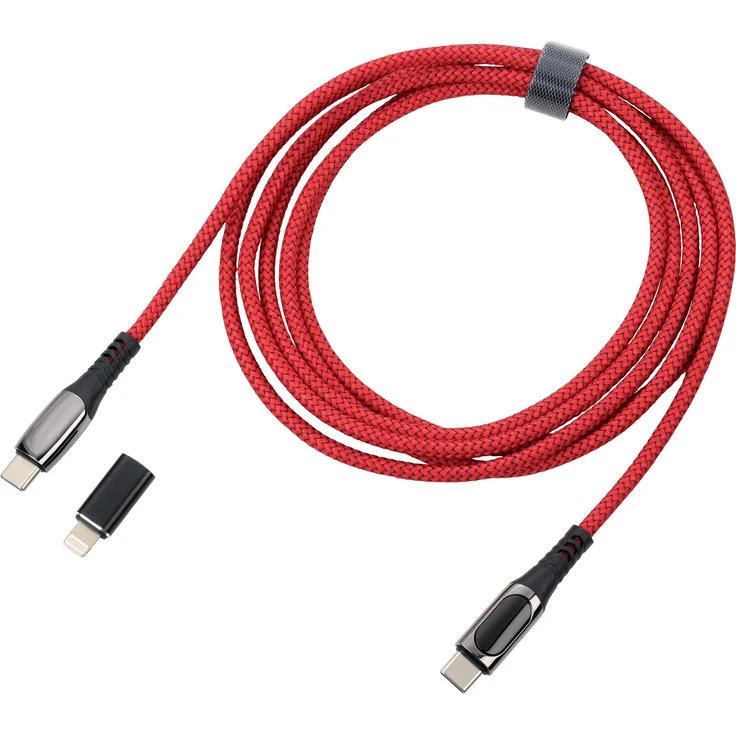 TROIKA SPEEDY XL CBL20/RD, 2 m USB C und USB C/Lightning Kabel, rot, langlebig aus recyceltem Polyester, mit digitaler Ladeanzeige