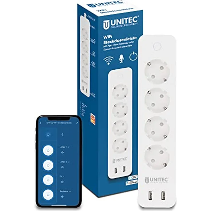 UNITEC WiFi Steckdosenleiste 4+2 | Energiekosten-Messung | WLAN Smart Steckdosen mit Zeitschaltuhr | Sprachsteuerung und App | mit 2 USB Ausgängen