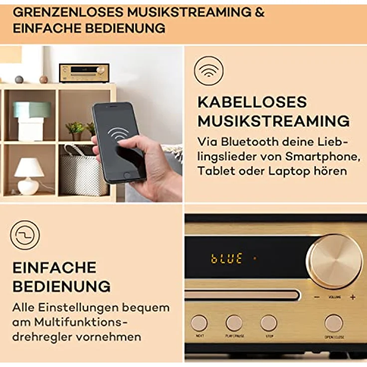 Auna Stereoanlage, Kompaktanlage mit CD-Player, Bluetooth und FM-Radio, Mini mit Lautsprecher, Musikanlage mit AUX & USB, Fernbedienung, LED-Display, MP3 & Streaming, Musik-Anlage Kompakt – Bild 4