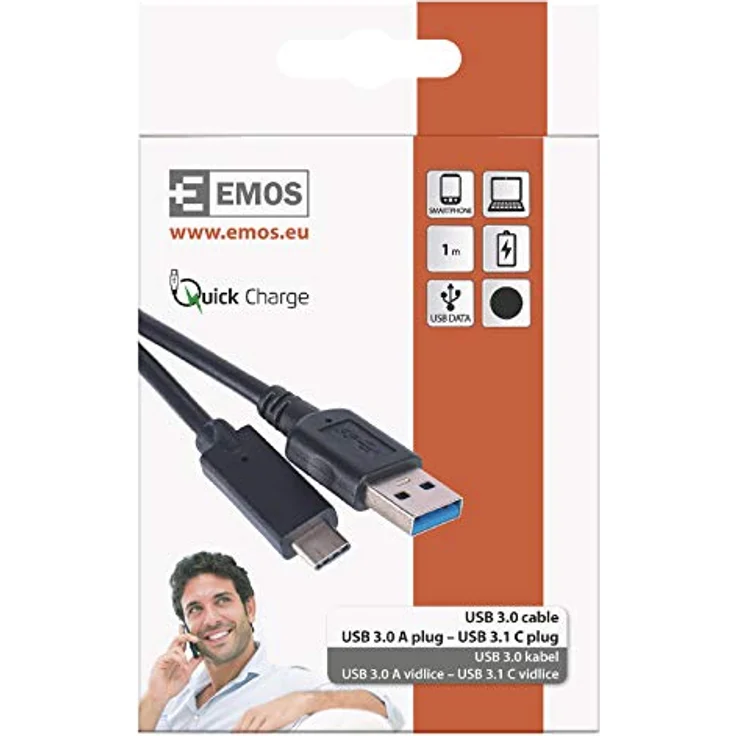 EMOS SM7021BL USB C Kabel 3.1 Quick-Charge 1m, 3A A C-Stecker, Schwarz – Bild 3
