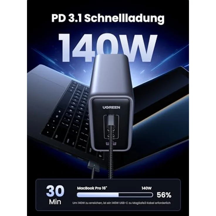 UGREEN USB C Ladegerät, Nexode 300W Charger PD 3.1 GaN Netzteil 5 Ports PPS - MacBook Pro 2021 16", MacBook Air, Surface Book, iPhone 16 Pro Max, 16 Pro - Schwarz – Bild 3