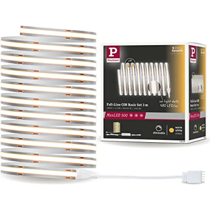 Paulmann 71046 LED Strip MaxLED 500 Full-Line COB Komplettset 3m 19W 1500lm 480LEDs/m 2700K 36VA dimmbar Silber Kunststoff