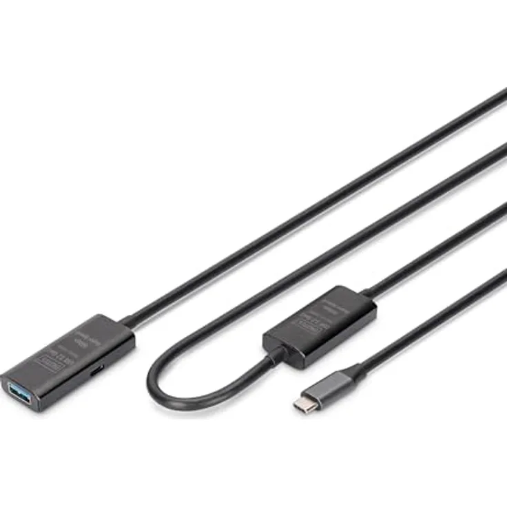 DIGITUS Aktives USB Verlängerungskabel - USB-A Buchse zu USB-C Stecker - 10 m - USB 3.2 Gen1-5 Gbit/s - Plug & Play - mit Signalverstärker - Schwarz