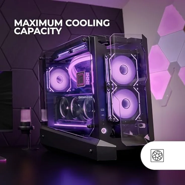 Mars Gaming MC-EDGE, Midi Tower ATX PC Gehäuse mit RGB-Elementen und gehärteten Glasplatten, Schwarz, Open-Air-Design, Platz für bis zu 7 Lüfter, USB-C Anschlüsse – Bild 4