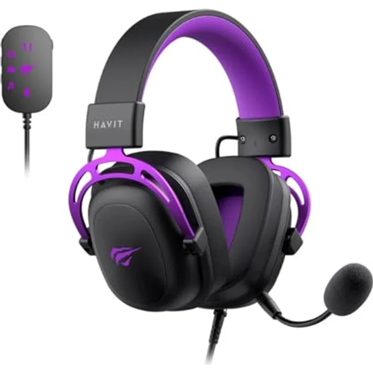 Havit H2002C+U, Kabelgebundenes Gaming Headset mit 53 mm Treibern, virtueller 7.1 USB-Soundkarte, abnehmbaren Mikrofon, Schwarz und Violett – Bild 1