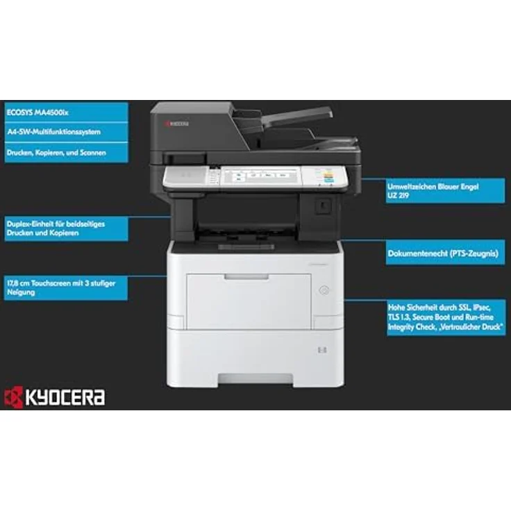 Kyocera Ecosys MA4500ix Multifunktionsdrucker Schwarz Weiss, 45 Seiten pro Minute, Duplex-Einheit, Touchpanel, Gigabit LAN, Mobile Print Funktion – Bild 3