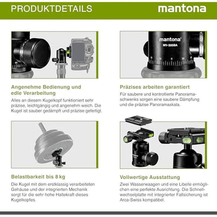 Mantona Onyx 8 Kugelkopf (M1-3008A) Arca-Swiss kompatible Schnellwechselplatte 50 mm, professionelle Verarbeitung für DSLR, spiegellose Kamera, Systemkamera, Digitalkamera, Camcorder schwarz – Bild 3