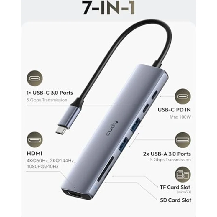 Cudy UH407 USB C HUB 7-in-1 Multiport Adapter mit 4K HDMI, 2 USB-A 3.2, 1 USB-C 3.2, SD/TF Slot, 100W PD, kompatibel mit MacBook und Surface – Bild 2