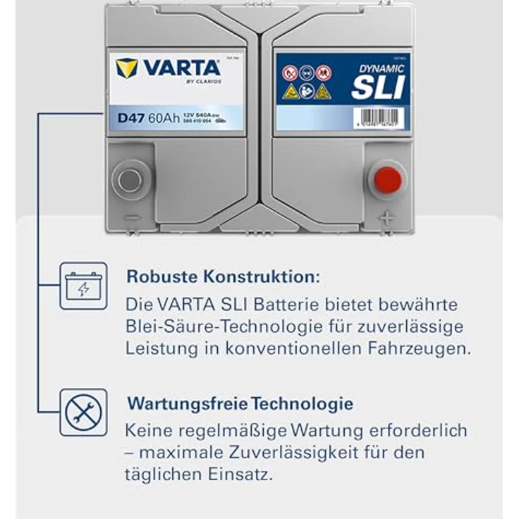 Varta D47 Blue Dynamic, 12V Autobatterie 60Ah/540A, Wartungsfrei, Kompakte Maße 232x173x229 mm – Bild 5