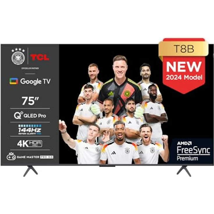 TCL 75T8B 75-Zoll QLED Pro 144Hz Onkyo Gaming Fernseher, 4K UHD, HDR Pro, Google TV (Dolby Vision IQ & Atmos, Motion Clarity, Sprachsteuerung, Kompatibel mit Google Assistant & Alexa) – Bild 1