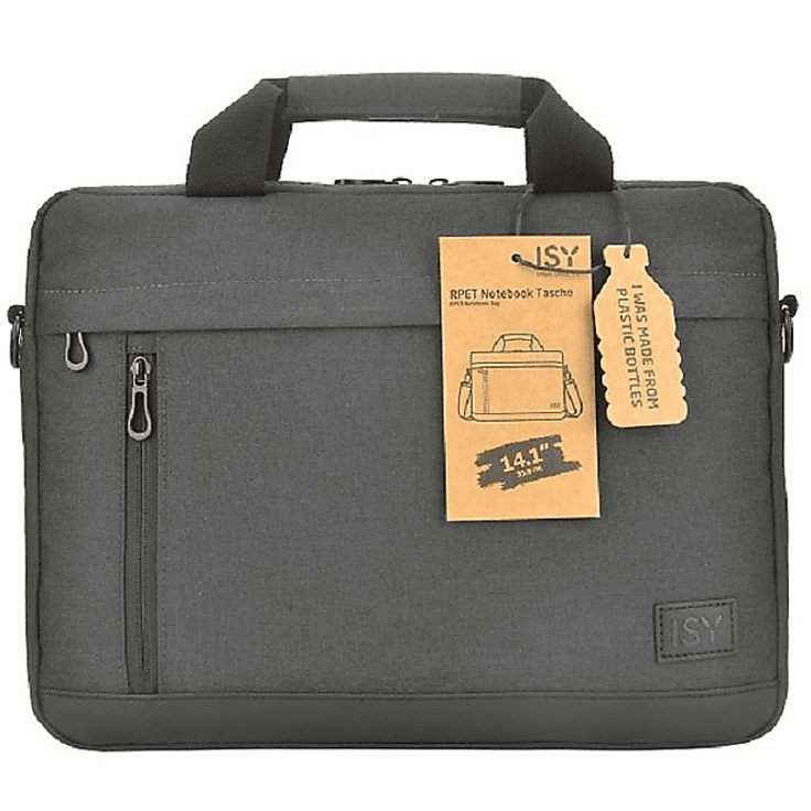 ISY INB 2140-1-BK Notebooktasche, Umhängetasche aus recyceltem PET, großes gepolstertes Hauptfach, verstellbarer Schultergurt, schwarz