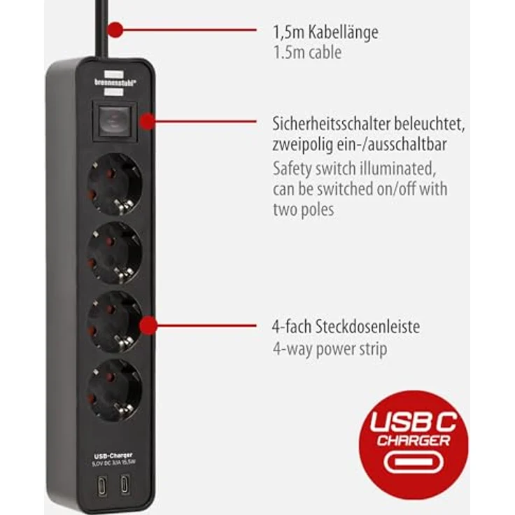Brennenstuhl Ecolor Steckdosenleiste, schwarz, USB-Ladefunktion, 1,5m Kabel – Bild 2