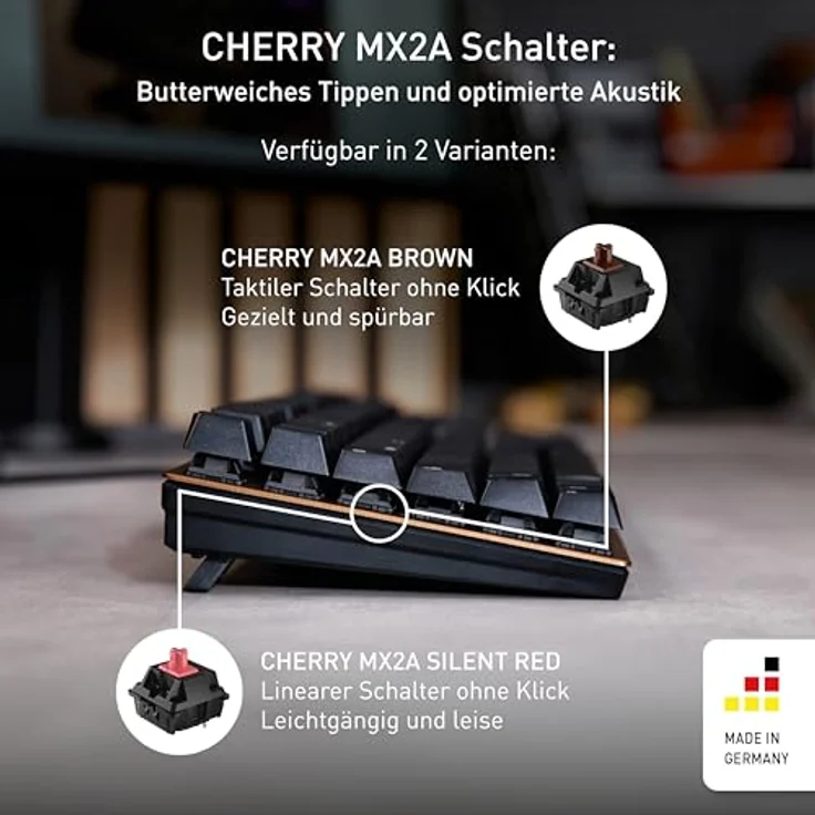 CHERRY KC 200 MX, mechanische Office-Tastatur, Deutsches Layout (QWERTZ), edles Design mit eloxierter Metallplatte, kabelgebunden, MX2A Silent RED Switches, Schwarz/Bronze – Bild 2