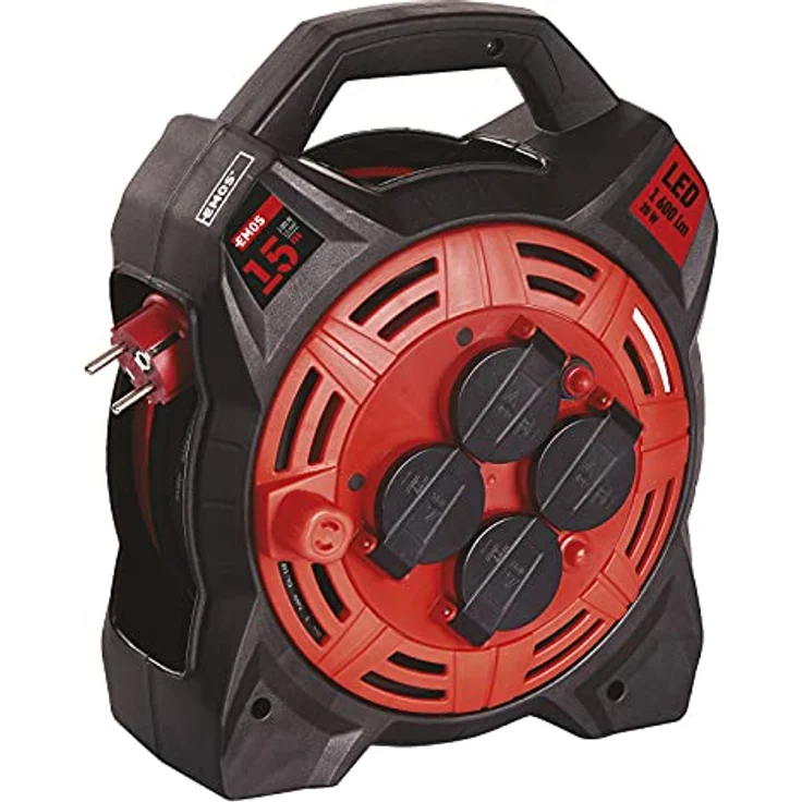 EMOS Kabeltrommel mit LED-Strahler, 15m Outdoor-Kabelbox Schuko und 20W Fluter, Neopren-Gummikabel H07RN-F, IP44 wasserdicht für Außenbereich, 1600lm Helligkeit, 4 Steckdosen – Bild 1