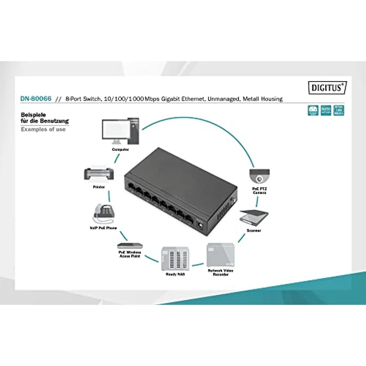 DIGITUS 8-Port Gigabit Switch, Desktop, Unmanaged, Metallgehäuse, 8 Port RJ 45 FE Switch 8 x 10/100 Mbit/s – Bild 3