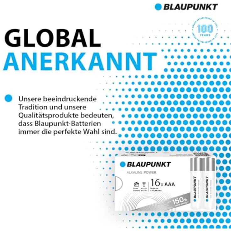 BLAUPUNKT AAA Alkalibatterien, Packung mit 16, ideal für Wanduhren und TV-Fernbedienungen, LR03BPO/16CB, 7 Jahre Batteriestromschutz, 100% plastikfreie Verpackung – Bild 5