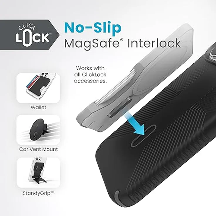Speck iPhone 15 Pro Max Hülle – ClickLock rutschfeste Interlock, gebaut für MagSafe, Fallschutzgriff – Kratzfest, weiche Haptik, 6,7 Zoll Handyhülle – Presidio2 Grip Schwarz/Schiefergrau/Weiß – Bild 4