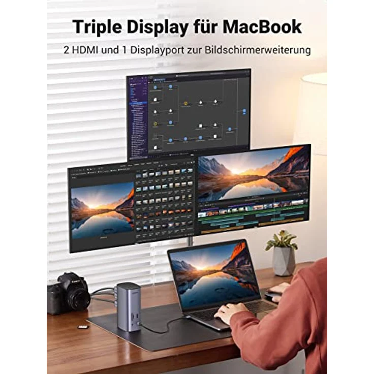 UGREEN USB C Docking Station Triple Display für MacOS und Windows, 2HDMI DP 4K@60Hz, 10Gbps USB Datenports, PD 100W, Ethernet, Audio, SD/TF, 12 IN 1 Dock für MacBook, Surface, Lenovo, Dell, HP usw. – Bild 3