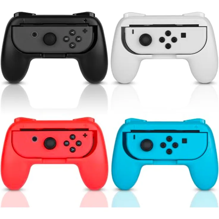 JoyHood Joy-Con Handgriffe für Switch/Switch OLED, Ergonomisches Design, 4er Pack in Rot-Blau-Schwarz-Weiß