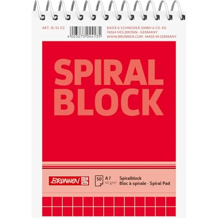 BRUNNEN Spiralnotizblock DIN A7 kariert, praktische Schreibunterlage für unterwegs