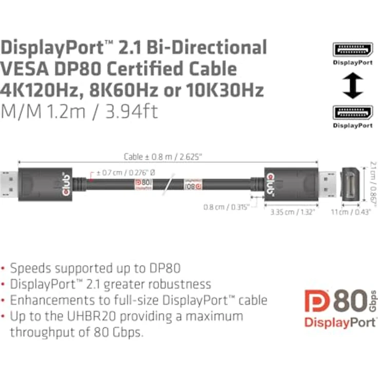Club3D CAC-1091 DisplayPort™ 2.1 Bi-Direktionales VESA DP80 zertifiziertes Kabel 4K120Hz, 8K60Hz oder 10K30Hz St/St 1.2m – Bild 5