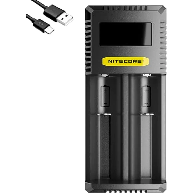 NiteCore CI2 Rundzellen-Ladegerät für LiIon, NiMH, NiCd, 2 Ladeschächte, mit Display, USB-Anschluss, max. Ladestrom 3000 mA, inkl. USB-C-Kabel – Bild 1