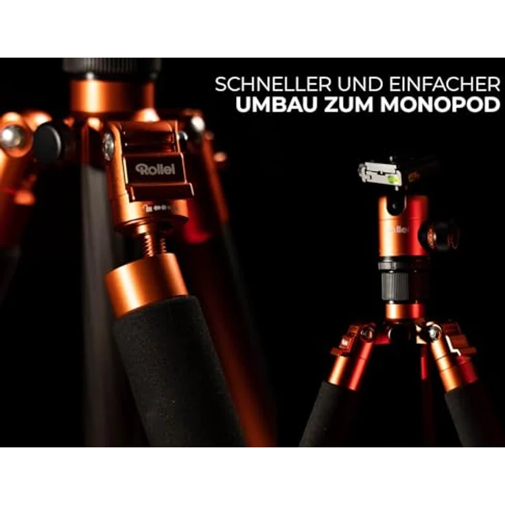 Rollei C6i Carbon Fotostativ: Kompakt, leicht, 3in1-Stativ mit Arca Swiss Kugelkopf, Monopod, Makrostativ, inkl Spikes und Tasche (Orange) – Bild 5
