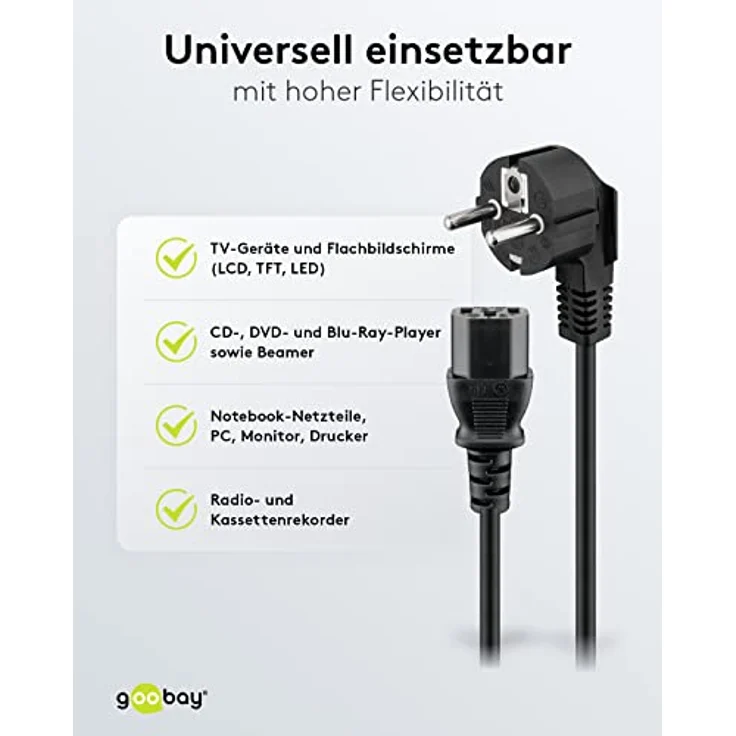 Wentronic Goobay Kaltgeräte Anschlusskabel abgewinkelt, 1,5 m, Schwarz - Typ F (Typ F, CEE 7/7) > Gerätebuchse C13 (Kaltgeräteanschluss) (68604) – Bild 5