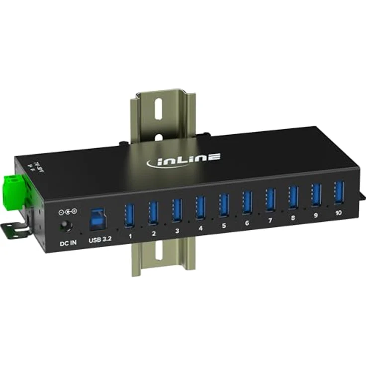 InLine USB 3.2 Gen.1 Industrie-Hub 10 Ports, Aluminiumgehäuse, DIN-Schienen-Montage, aktiver USB-Hub mit Netzteil, 5Gb/s, 35396C – Bild 2
