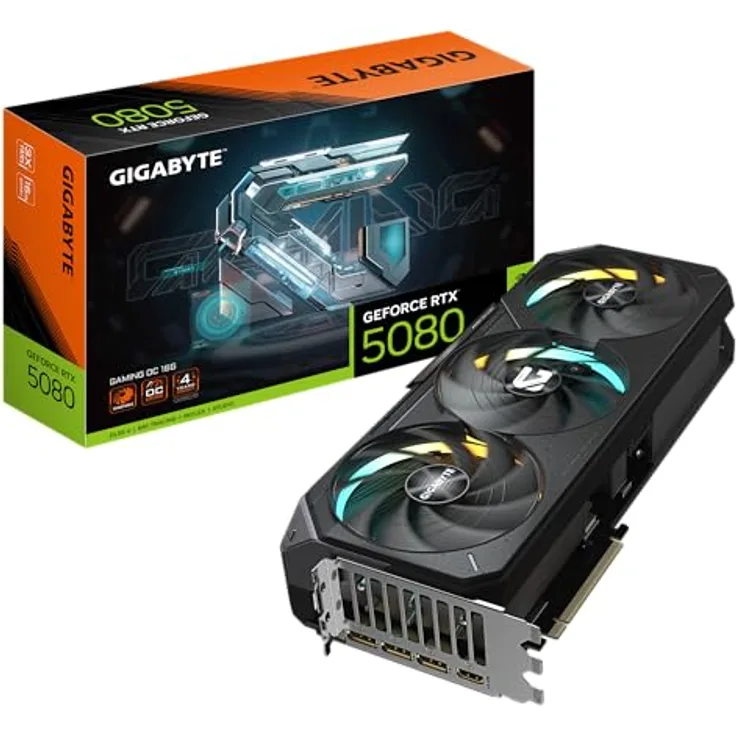 Gigabyte GeForce RTX 5080 Gaming OC 16G Grafikkarte - 16GB GDDR7, 256 Bit, PCI-E 5.0, 2730MHz Core Clock, 3 x DisplayPort, 1 x HDMI, GV-N5080GAMING OC-16GD, RGB Halo, WINDFORCE Kühlsystem, Dual BIOS - Schwarz