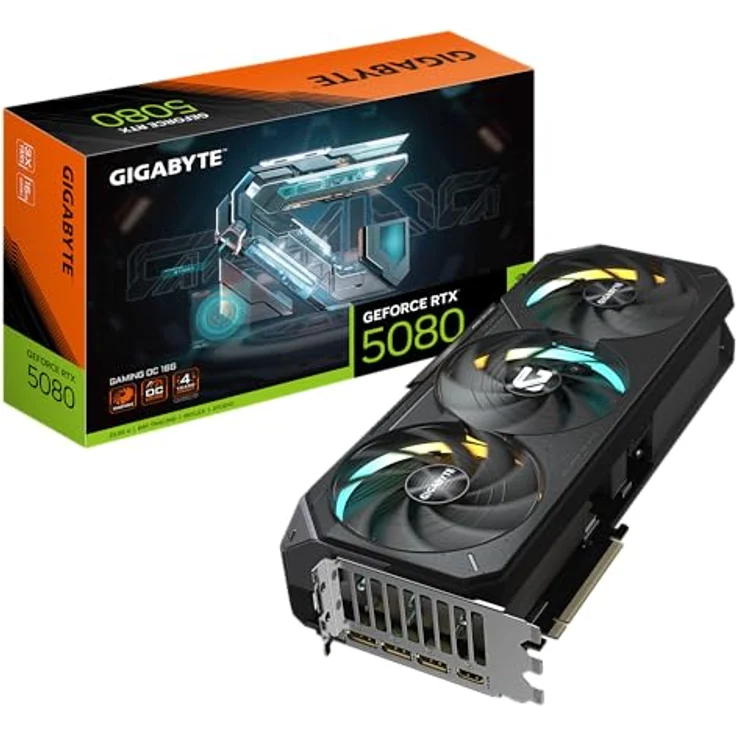 Gigabyte GeForce RTX 5080 Gaming OC 16G Grafikkarte - 16GB GDDR7, 256 Bit, PCI-E 5.0, 2730MHz Core Clock, 3 x DisplayPort, 1 x HDMI, GV-N5080GAMING OC-16GD, RGB Halo, WINDFORCE Kühlsystem, Dual BIOS - Schwarz – Bild 1