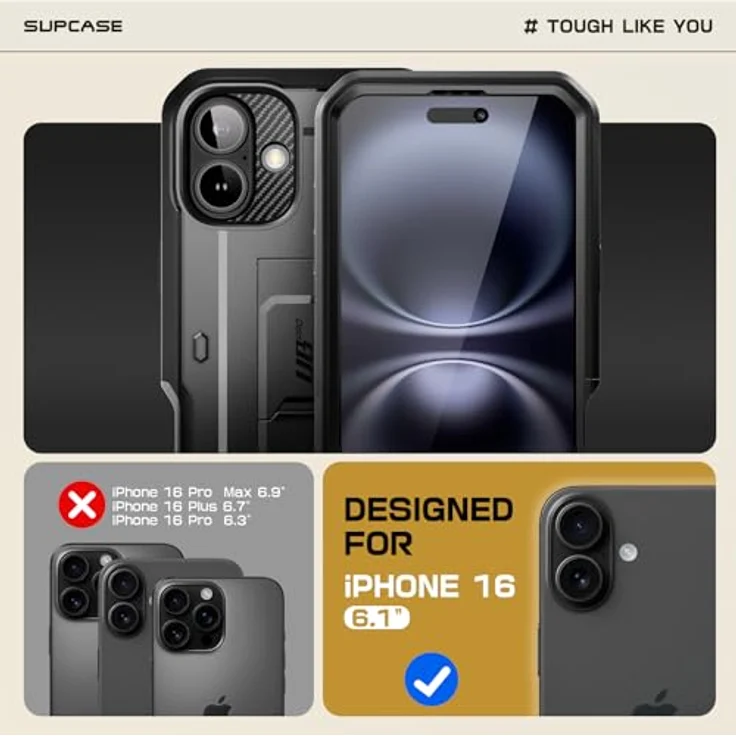 SupCase iPhone 16 Hülle 6.1” [Unicorn Beetle Pro] Outdoor Handyhülle 360 Grad Case Bumper Schutzhülle Cover mit Displayschutz, Ständer und Gürtelclip - Schwarz – Bild 2