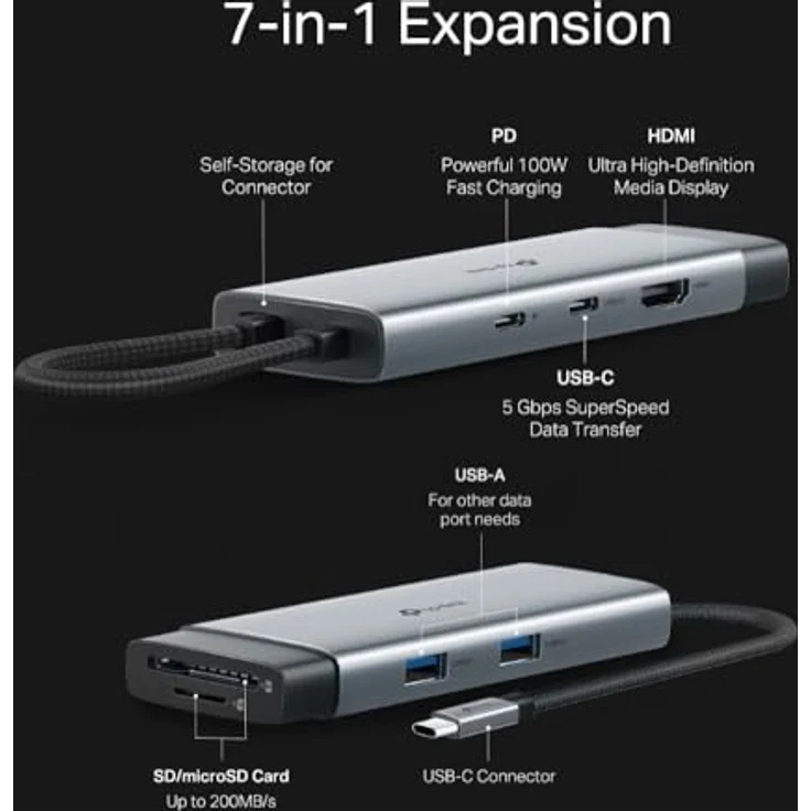 TP-Link UH7020C USB C Hub PD100W, 4K 60Hz HDMI, 1× USB C, 2× USB A, SD- und microSD-Karten bis zu 200 MB/s, in Schwarz – Bild 3
