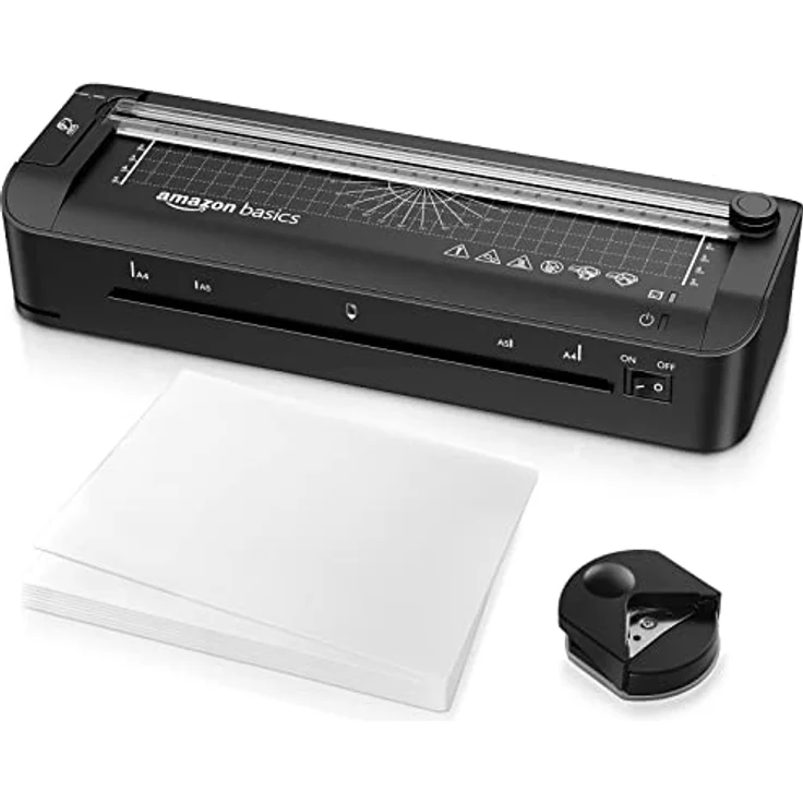 Amazon Basics 3-in-1-Thermolaminiergerät für A4-Größe, mit Funktionen zum Schneiden, Stanzen und Abrunden von Ecken, inkl. 10 Hüllen, EU-Stecker, Schwarz – Bild 2