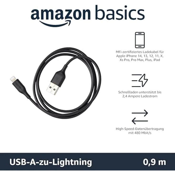 AmazonBasics – Verbindungskabel Lightning auf USB-A, MFi-zertifiziertes Ladekabel für iPhone, schwarz, 91,2 cm, 2 Stück – Bild 2