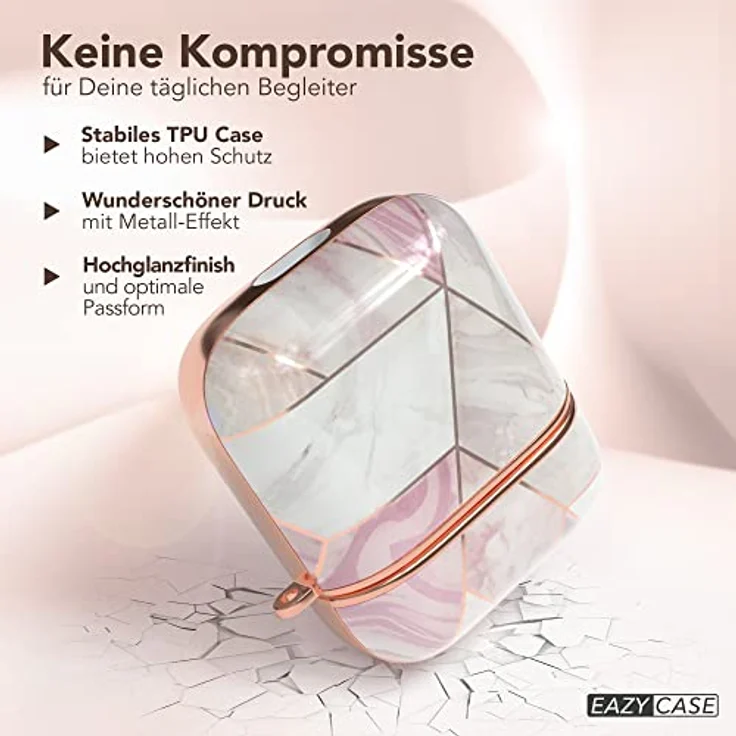 EAZY CASE Schutzhülle für AirPods 1 & 2 Hülle Pink Hard Case Stoßfest mit Karabiner rutschfest Rosé Marmor Design – Bild 4