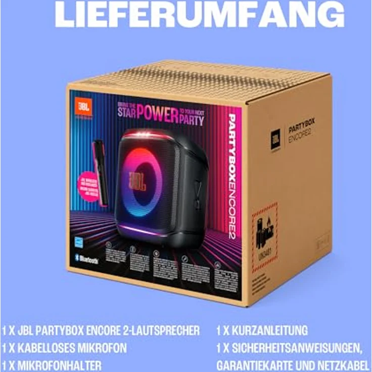 JBL PartyBox Encore 2, Bluetooth Partylautsprecher mit 15 Stunden Akkulaufzeit, spritzwasserfest und inkl. kabellosem Mikrofon, Schwarz – Bild 7